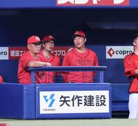 　５回、藤井ヘッドコーチと話をする新井監督（撮影・市尻達拡）