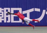 　８回、岡林の飛球を好捕する大盛（撮影・市尻達拡）