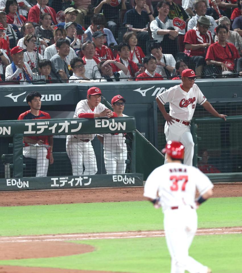 　６回、二盗タッチアウトとなり、ベンチに引き揚げる野間（３７）と新井監督（中央左）＝撮影・北村雅宏