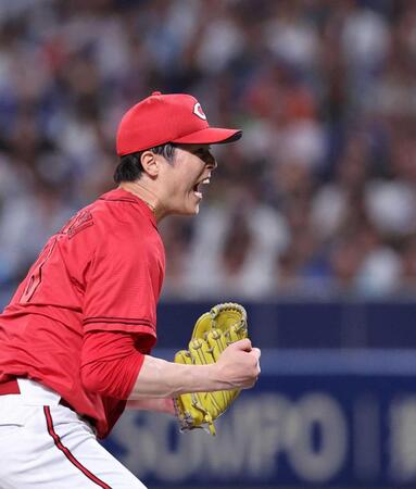 　６回のピンチをしのぎ、雄たけびを上げる森下