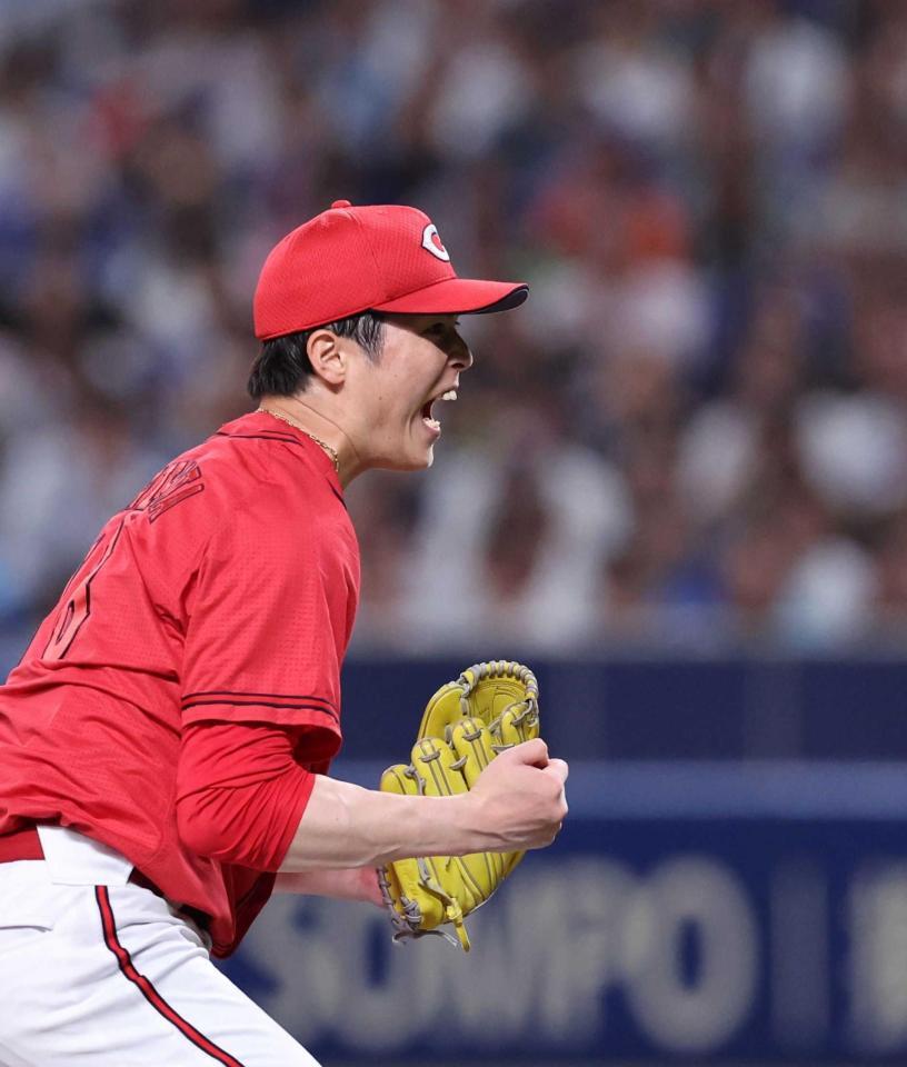 　６回のピンチをしのぎ、雄たけびを上げる森下