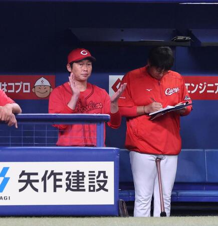 　７回、ベンチでナインを鼓舞する新井監督（撮影・市尻達拡）