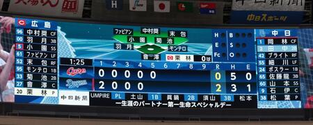 　５回、栗林の登板を告げるスコアボード（撮影・市尻達拡）