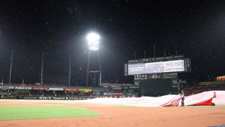 　試合再開に向け、シートを上げ始める（撮影・市尻達拡）