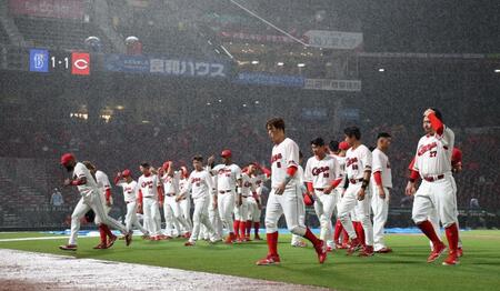 　６回、降雨コールドとなり、ファンにあいさつする広島ナイン（撮影・市尻達拡）
