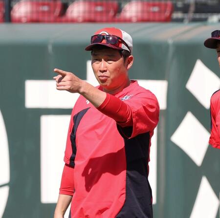 　グラウンドで指をさす新井監督（撮影・市尻達拡）