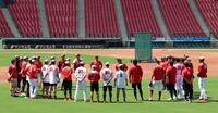 　練習前に円陣を組み、話を聞く広島ナイン（撮影・市尻達拡）