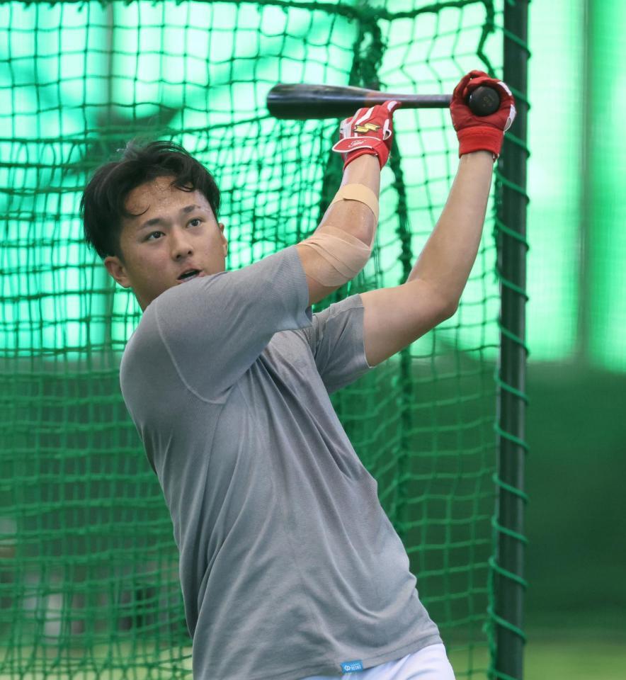 　打撃練習をする佐々木（撮影・市尻達拡）