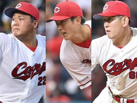 　広島の（左から）高、森下、遠藤