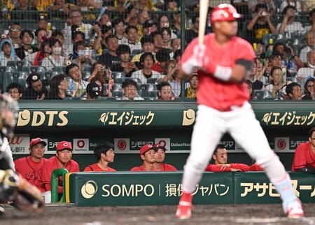 　９回、劣勢に厳しい表情の新井監督（左から２人目）＝撮影・西田忠信
