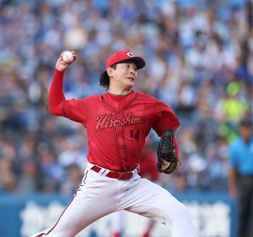 　力投する大瀬良（撮影・金田祐二）