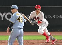 　５回、大竹から右前適時打を放つ小園（撮影・飯室逸平）