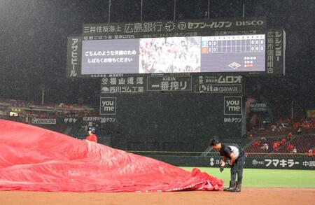 　３回の途中、降雨のため、試合が一時中断する（撮影・市尻達拡）