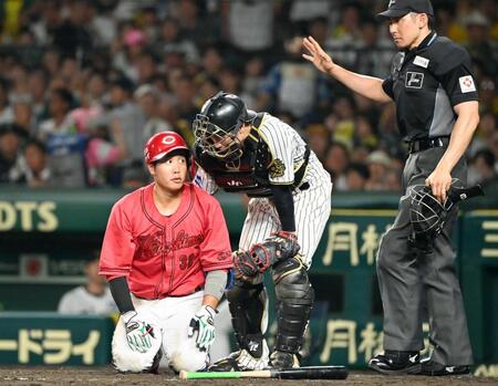 　５回、死球を受けた石原（左）