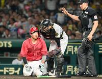 　５回、死球を受けた石原（左）