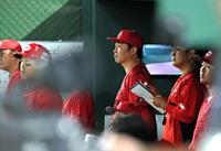 　戦況を見守る新井監督（右から３人目）ら広島ナイン（撮影・石井剣太郎）