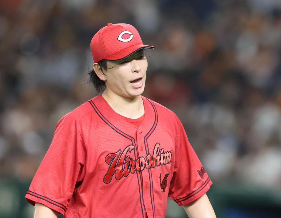 　２回を無失点に抑えほえる大瀬良（撮影・石井剣太郎）