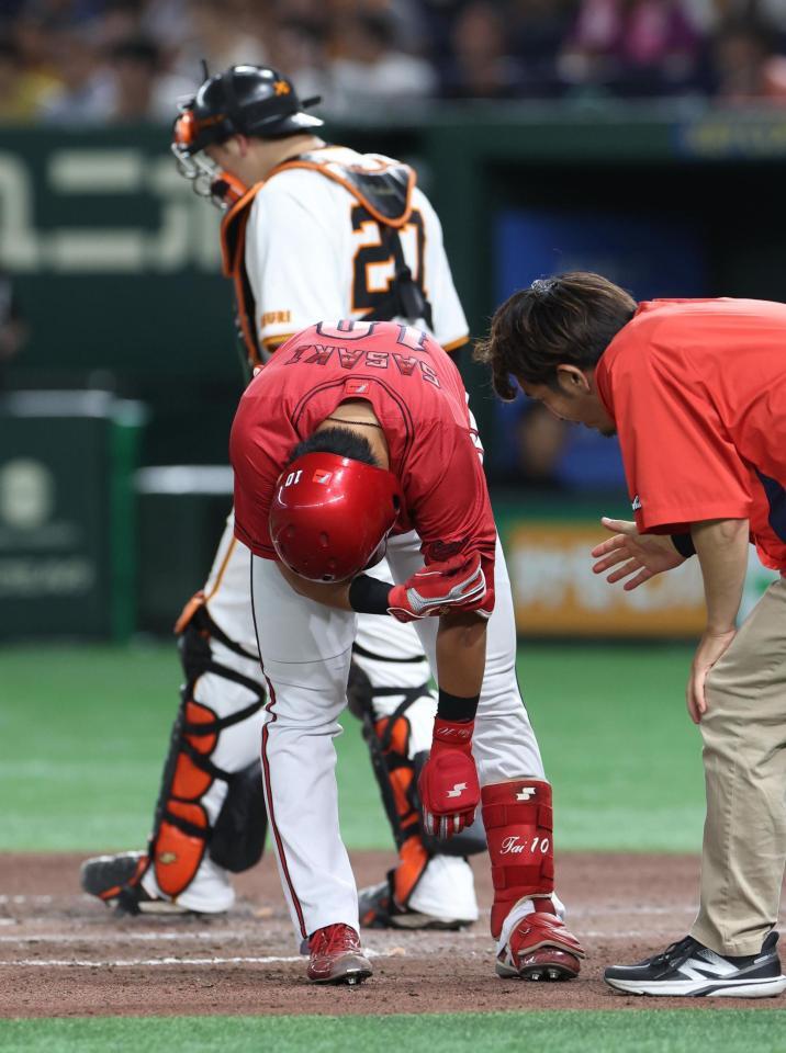 　６回、死球を受けた佐々木（撮影・佐々木彰尚）