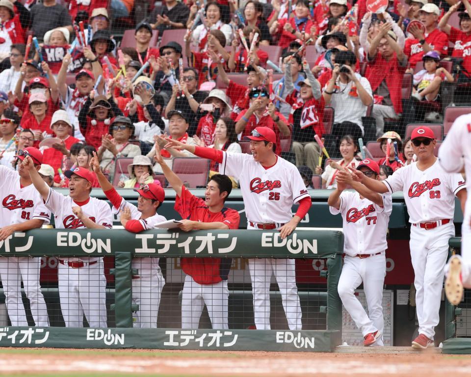 　６回、小園の２点タイムリーに、喜びを爆発させる新井監督ら、広島ベンチ（撮影・市尻達拡）