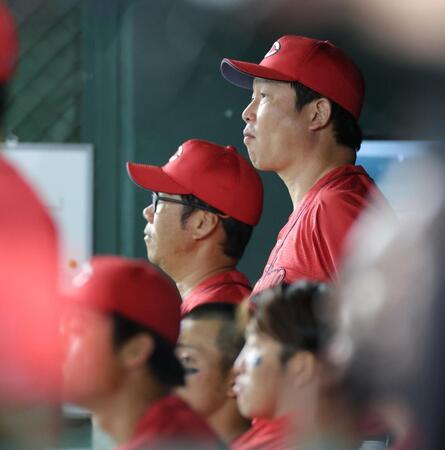 　９回、厳しい表情で前を見据える新井監督（撮影・西岡正）