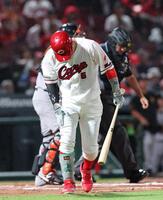 　１回、右太ももへ死球に、痛がる小園（撮影・市尻達拡）