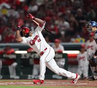 　７回、左足への自打球となり、もん絶するファビアン（撮影・市尻達拡）