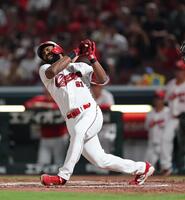 　７回、左足に当たる自打球となり、もん絶するファビアン（撮影・市尻達拡）