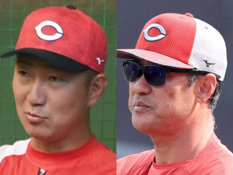 高橋建２軍投手コーチ（右）と横山竜士２軍投手コーチ