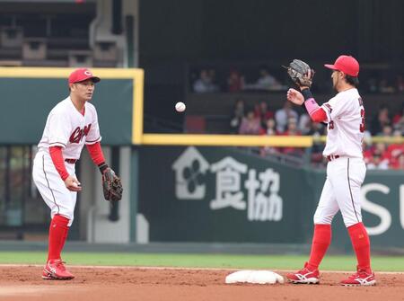 　２回、ボールを回す田中と菊池（撮影・市尻達拡）