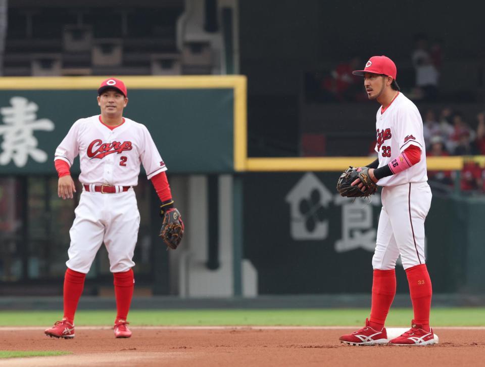 　試合前のボール回しに参加する田中（左）と菊池（撮影・市尻達拡）