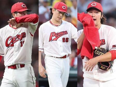 　広島投手陣（左から）今季６勝１４敗と負けが先行した森下、今季７勝に終わった大瀬良、１０勝に届かなかった床田