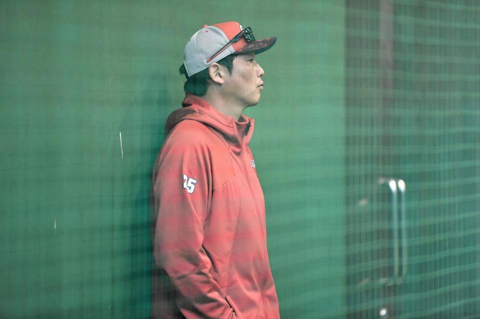 　ブルペンで投手を見つめる新井監督（撮影・畠山賢大）