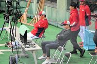 　バックネット前から紅白戦を見つめる新井監督（左）と黒田球団アドバイザー（手前）＝撮影・畠山賢大