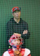 　ブルペンで投球練習を見つめる黒田博樹球団アドバイザー（撮影・市尻達拡）