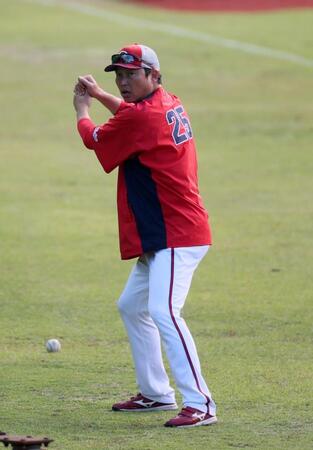 　仲田に打撃指導をする新井監督（撮影・市尻達拡）