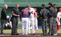 　井端監督と握手をする新井監督（撮影・佐々木彰尚）