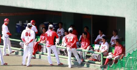 　紅白戦を終え、コーチ陣の話を聞く広島ナイン（撮影・市尻達拡）