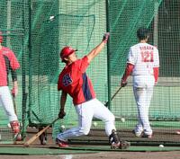 　紅白戦後の重点練習でバットを振り込む渡辺（撮影・市尻達拡）