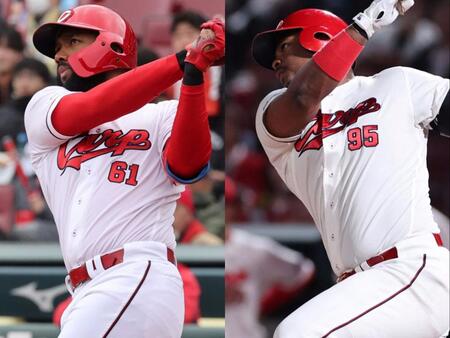 　広島・ファビアン（左）とモンテロ