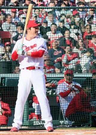 　ＨＲ＆ヒットチャレンジで、新井監督の打席を見つめる金本知憲氏（撮影・市尻達拡）