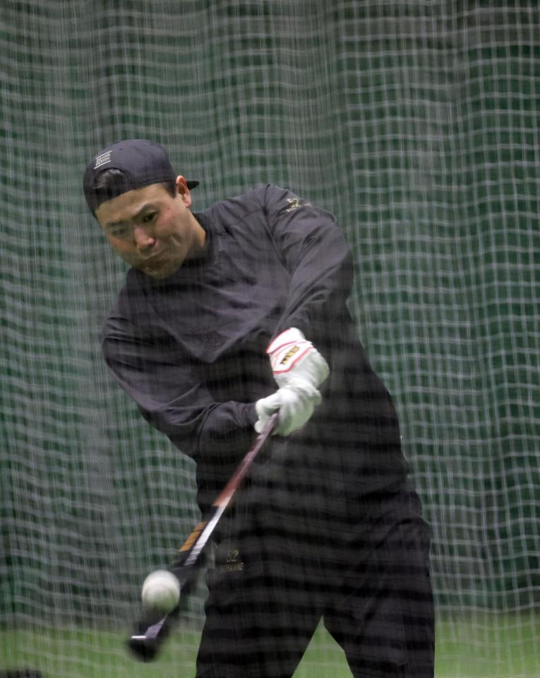 　打撃練習する末包（撮影・市尻達拡）