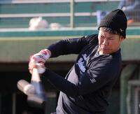 打撃練習で快音を響かせる坂倉（撮影・北村雅宏）