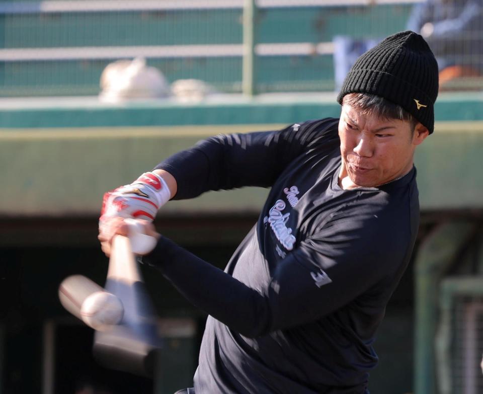 打撃練習で快音を響かせる坂倉（撮影・北村雅宏）