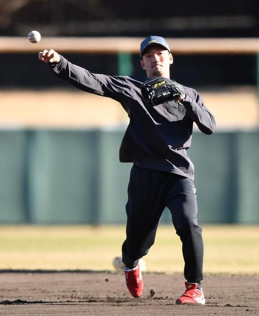 　自主トレでノックを受ける矢野（撮影・開出牧）