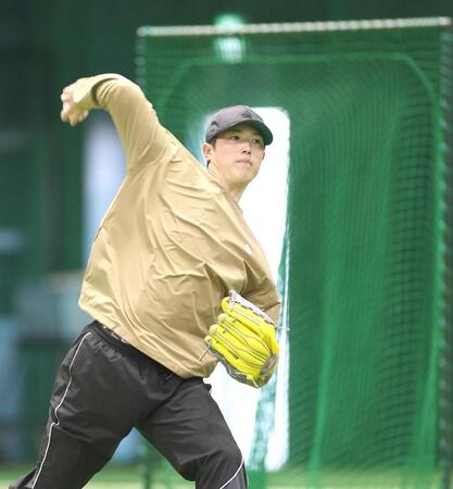 入念にキャッチボールする広島・森下暢仁＝マツダスタジアム（撮影・北村雅宏）