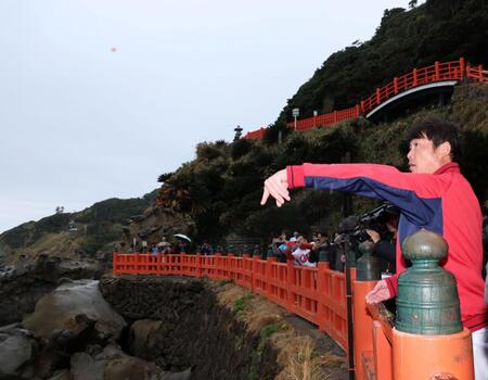 　運玉を投じる新井監督（右）＝撮影・北村雅宏