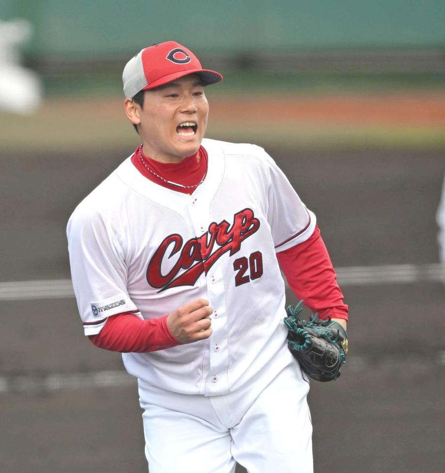 シート打撃に登板し、声を張り上げる栗林（撮影・飯室逸平）