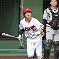 ８回、右越えソロを放つ平川（撮影・飯室逸平）