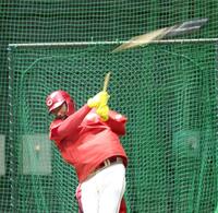 バットを折りながら、鋭い打球を放つファビアン（撮影・北村雅宏）