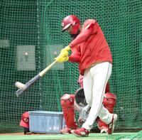 打撃練習で鋭い打球を放つファビアン（撮影・北村雅宏）